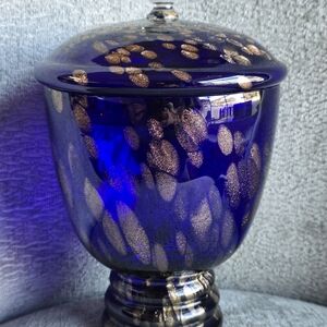 Beautiful Murano Style Glass Cobalt Blue Compote With Lid Gold Fleck Aventurine
